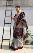 Grey black red  cotton handloom saree