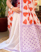 Soft & Comfortable white mulmul saree with handblock print in orange puple strawberry pattern