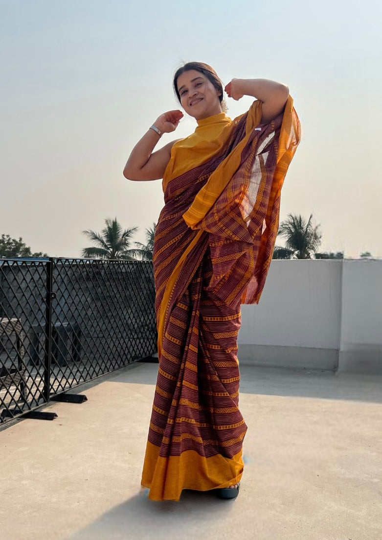 Brown- Yellow cotton handloom saree by Shopaame