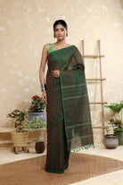 Handloom Dark Green Pure Cotton Kanchi Saree with Beige Stripes