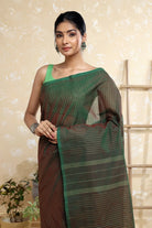 Handloom Dark Green Pure Cotton Kanchi Saree with Beige Stripes