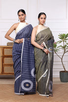 Handloom Olive Green Stripes Mul Cotton Eye Ball Saree-Sutra Art of Clothing