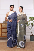 Handloom Olive Green Stripes Mul Cotton Eye Ball Saree-Sutra Art of Clothing