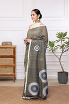 Handloom Olive Green Stripes Mul Cotton Eye Ball Saree-Sutra Art of Clothing