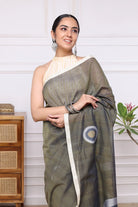 Handloom Olive Green Stripes Mul Cotton Eye Ball Saree-Sutra Art of Clothing
