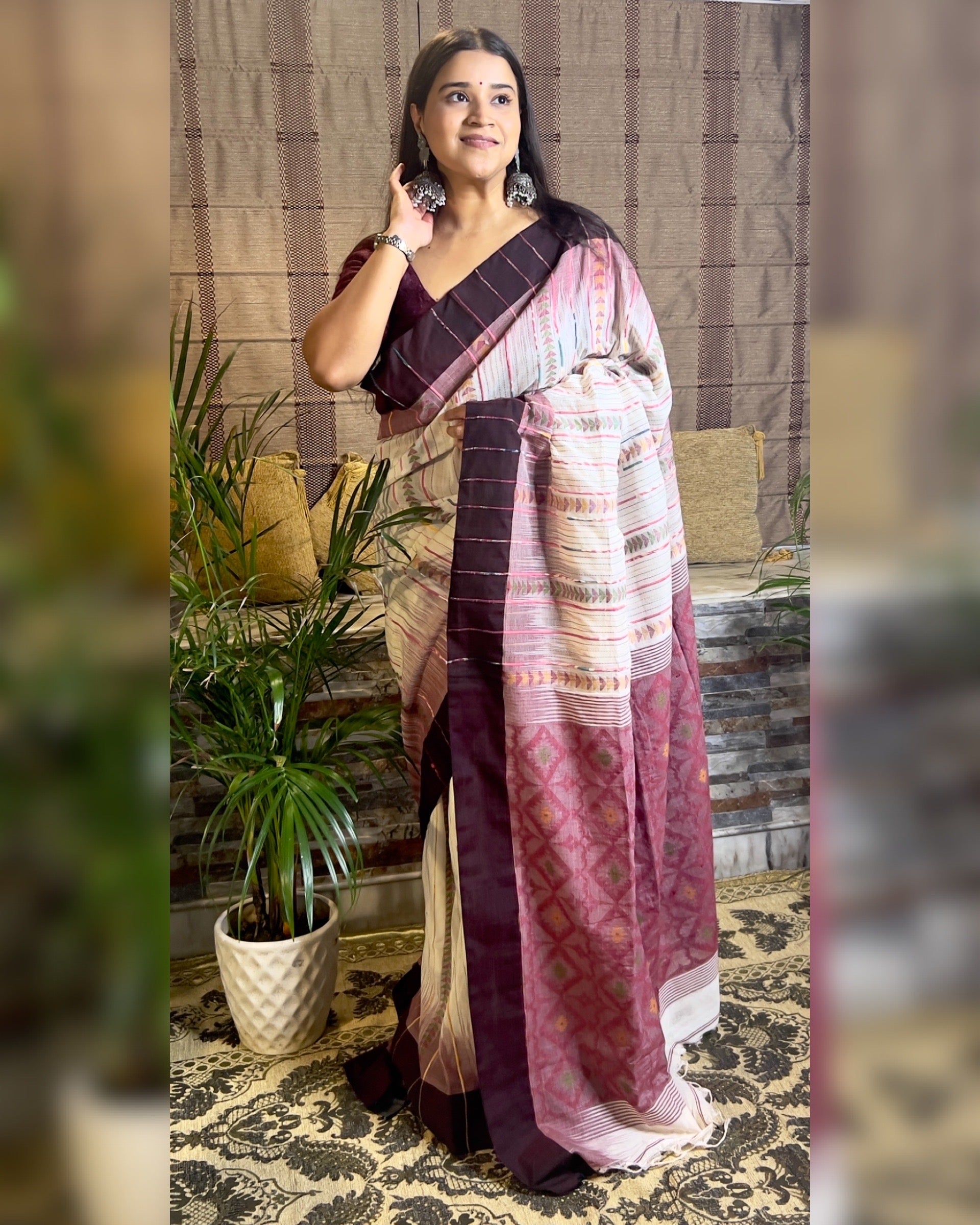 Soft and Comfortable Bengal Khesh Cotton with Kantha Stitch embroidery maroon brown multicolored khoiri 