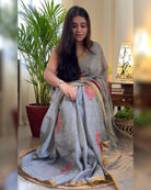 Linen cotton grey saree for festivities with zari