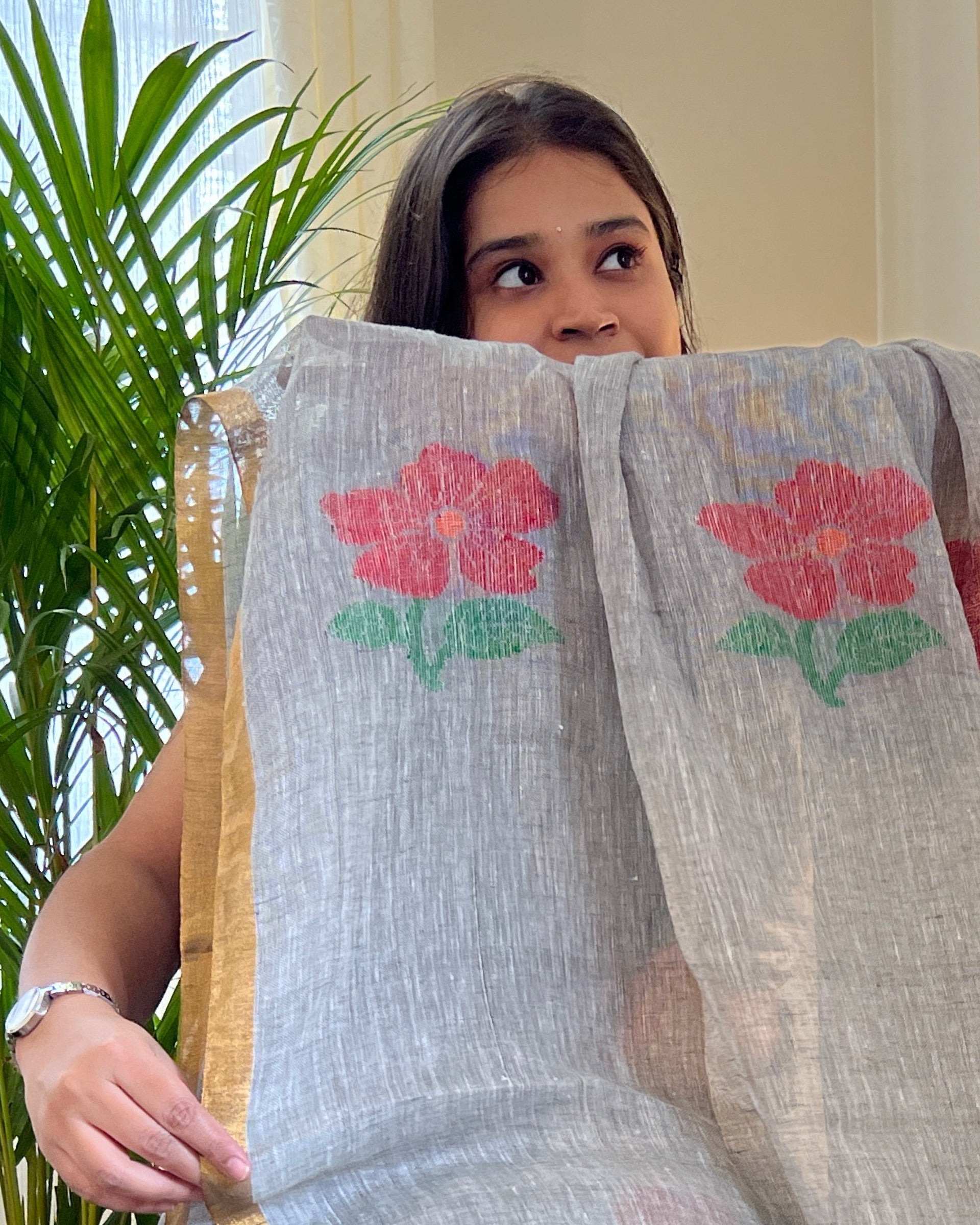 Linen cotton grey saree for festivities with zari