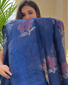Linen cotton cobalt blue saree for festivities with zari