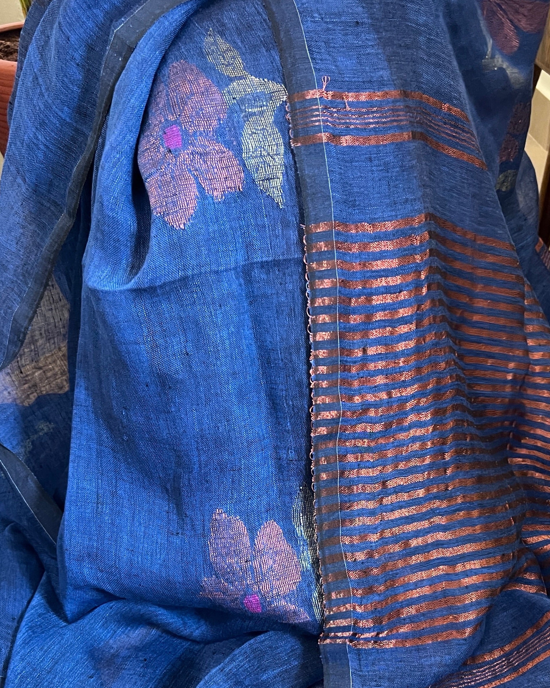 Linen cotton cobalt blue saree for festivities with zari