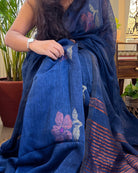Linen cotton cobalt blue saree for festivities with zari