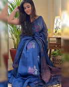 Raat Kali Blue Linen Cotton Handloom Saree by Shop AaMe