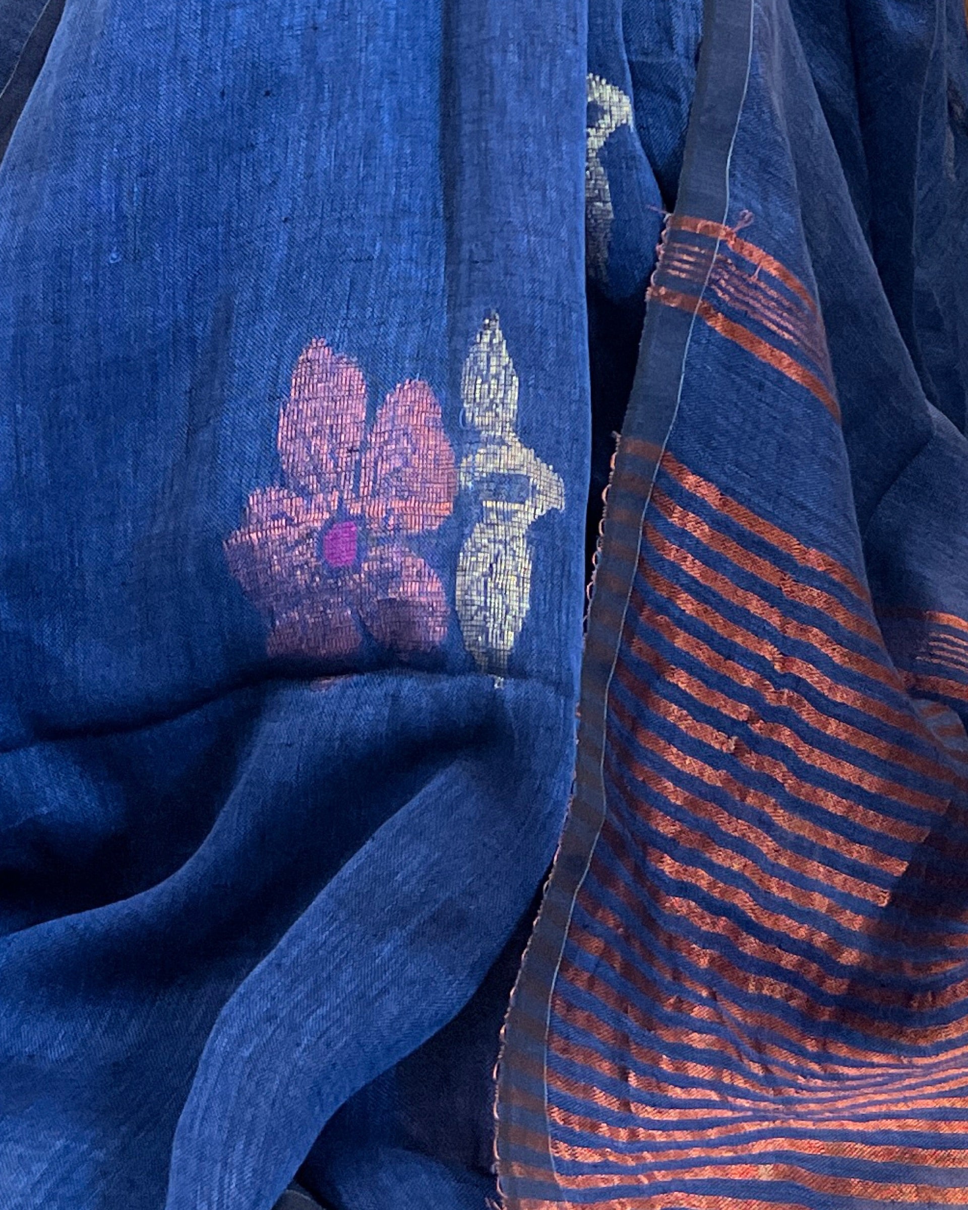 Linen cotton cobalt blue saree for festivities with zari