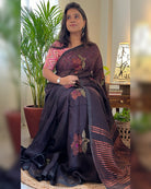 Linen cotton plum saree for festivities with zari