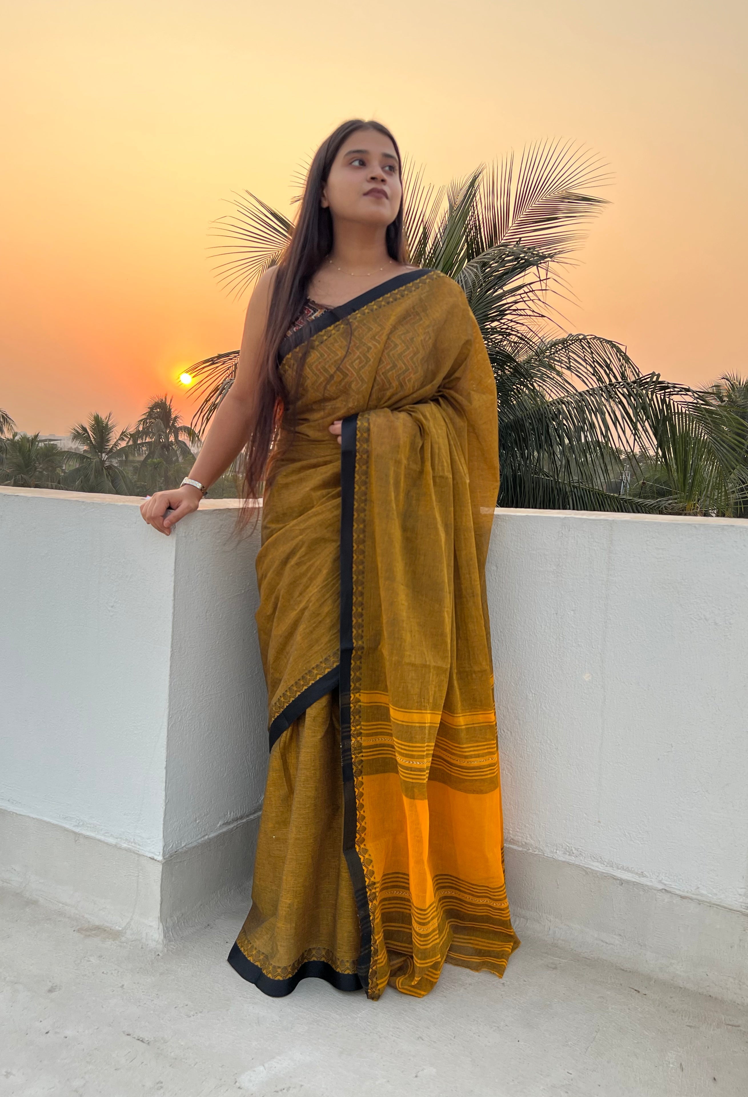 Mustard yellow-Black soft and comfortable Khadi cotton saree 
