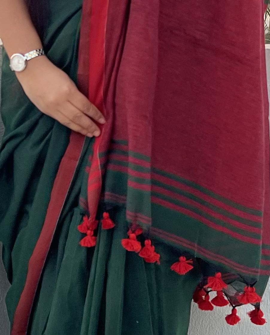 Green-maroon soft and comfortable Khadi cotton saree 
