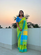 Green - yellow - blue soft and comfortable Khadi cotton saree 
