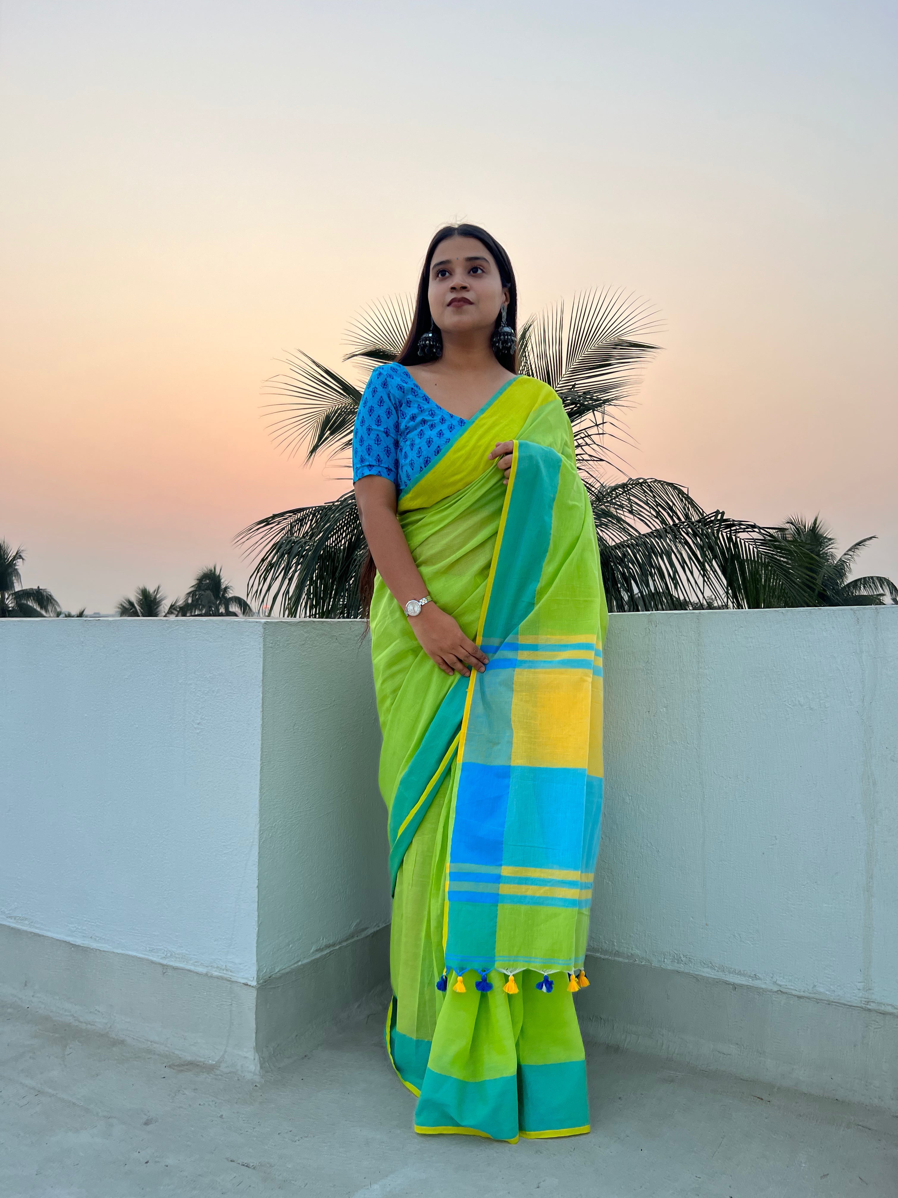 Green - yellow - blue soft and comfortable Khadi cotton saree 