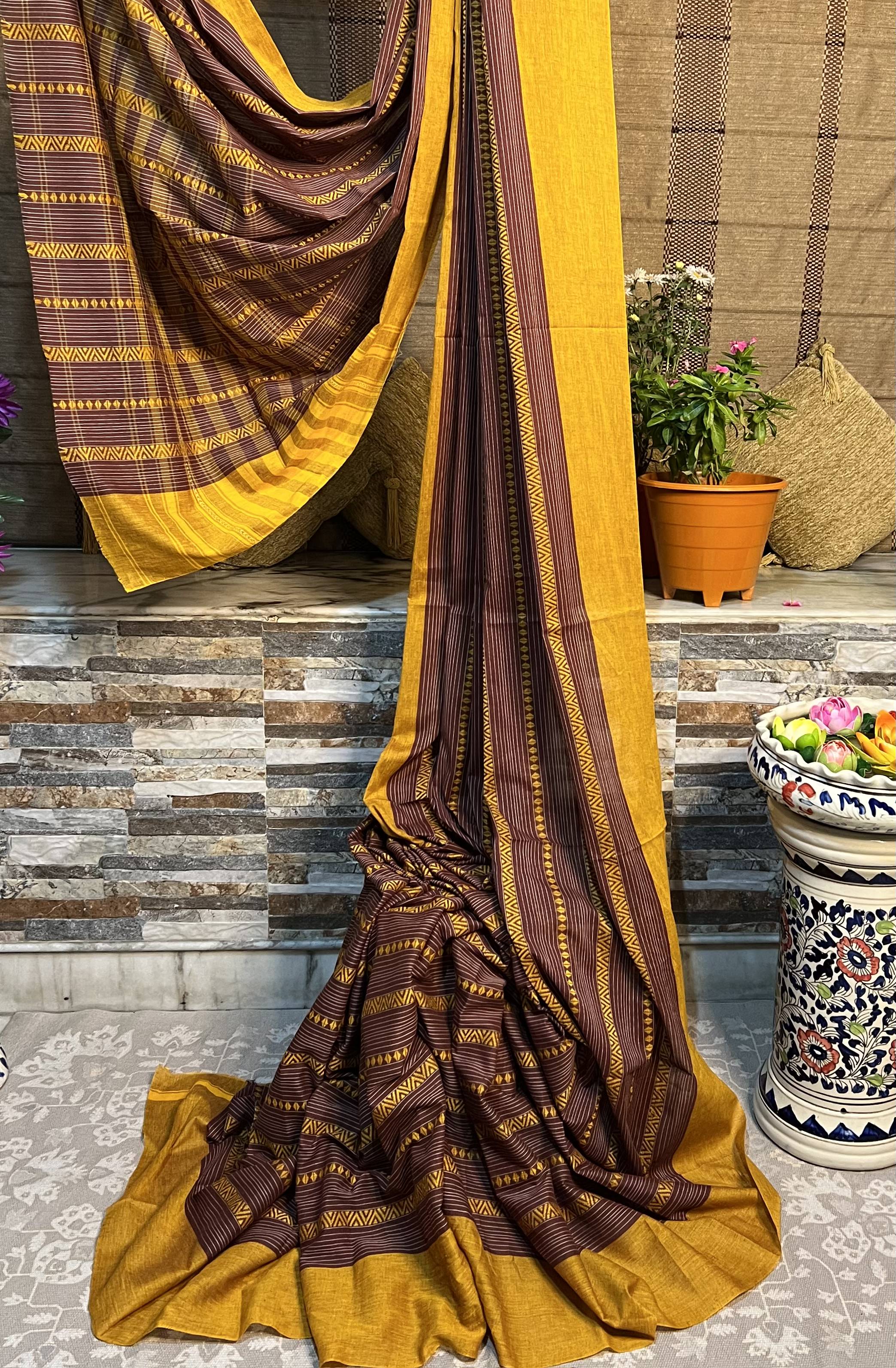 Brown - Yellow cotton handloom saree new collection