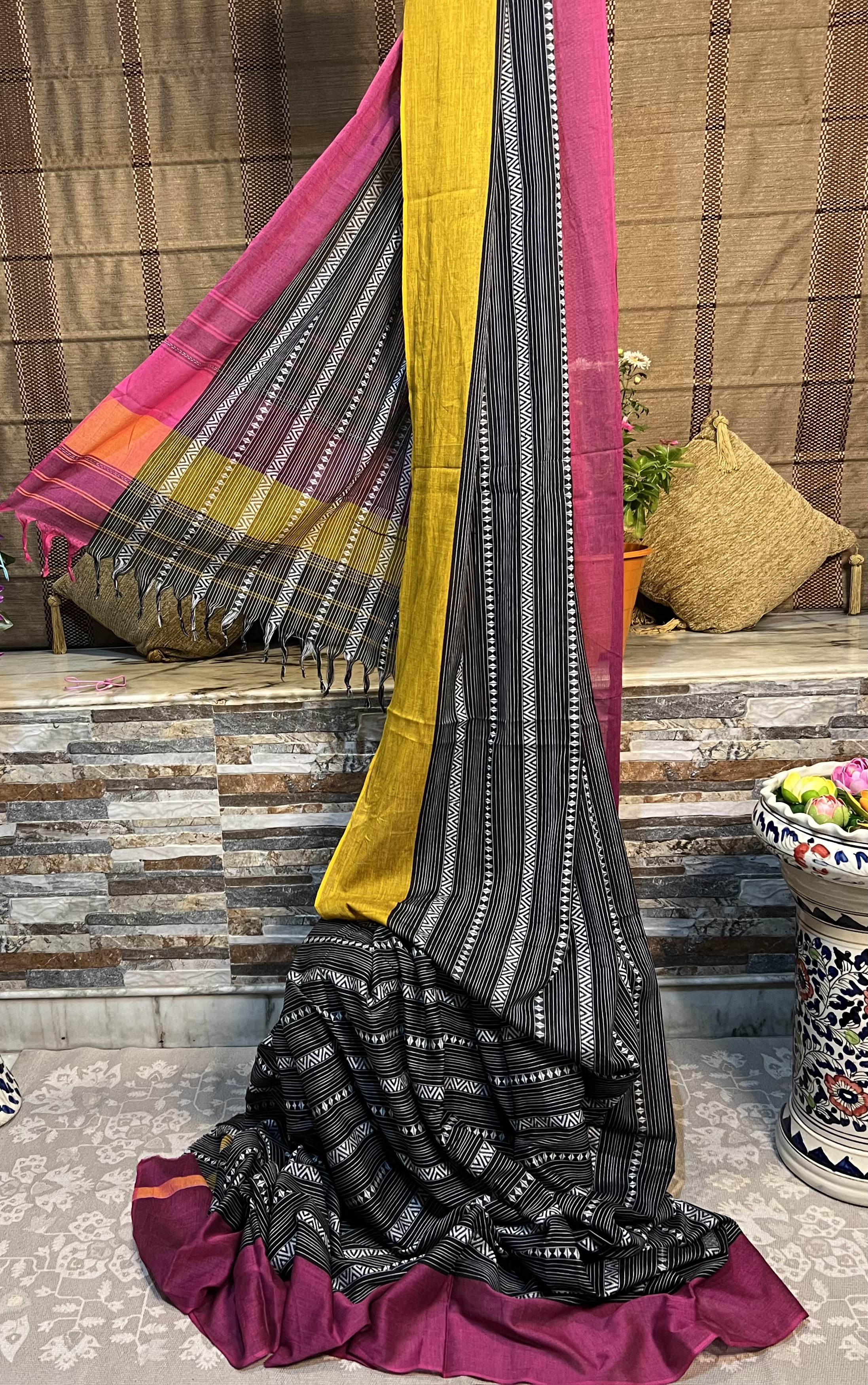 Black Pink yellow cotton handloom saree new collection