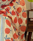 Soft & Comfortable off white mulmul saree with handblock print in orange and yellow mango aam pattern