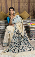 White Chanderi Cotton Kantha stitch embroidered saree in blue threads and golden border