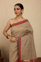 Handloom Biscuit Brown Kanchi Cotton Saree-Sutra Art of Clothing