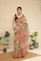 Handloom Almond Brown Block Print Chanderi Cotton Saree-Sutra Art of Clothing