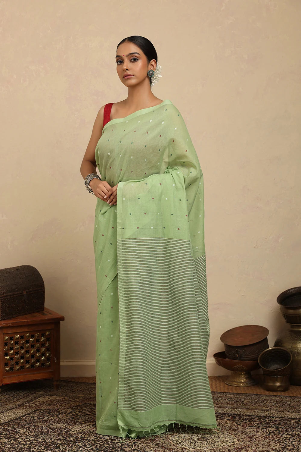 Handloom Green Polka Pure Cotton Jamdani Saree-Sutra Art of Clothing