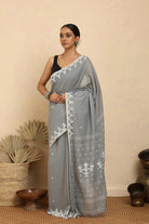 Handloom Grey Alpona Pure Cotton Jamdani Saree-Sutra Art of Clothing