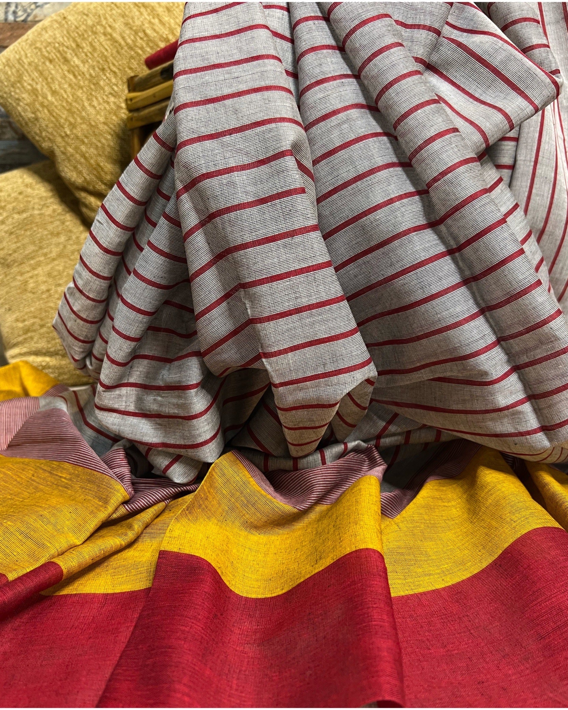 Grey yellow red  cotton handloom saree