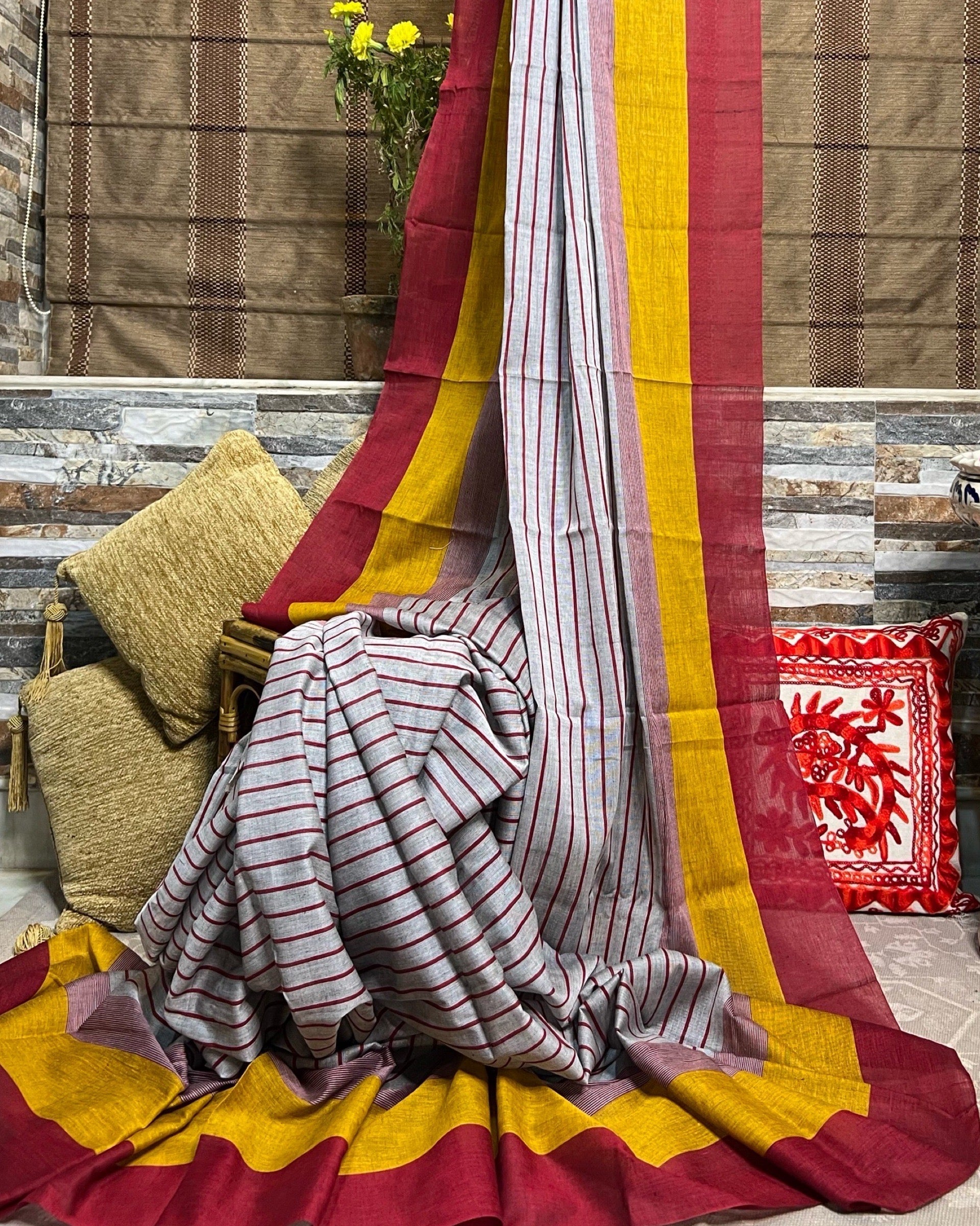 Grey yellow red  cotton handloom saree