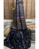 Black Khesh Cotton Kantha stitch embroidered saree in multicoloured threads 