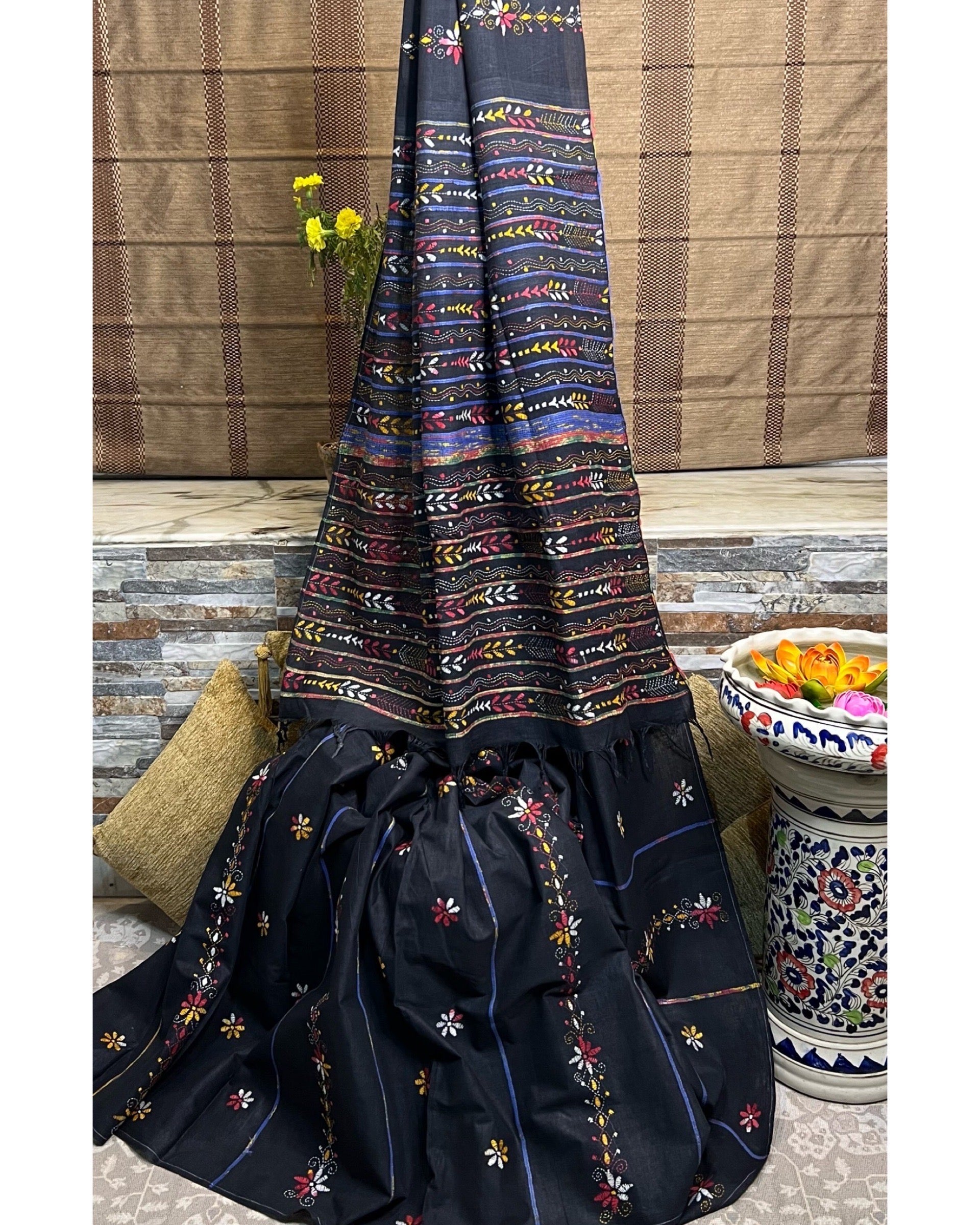 Black Khesh Cotton Kantha stitch embroidered saree in multicoloured threads 