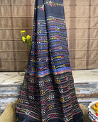 Black Khesh Cotton Kantha stitch embroidered saree in multicoloured threads 