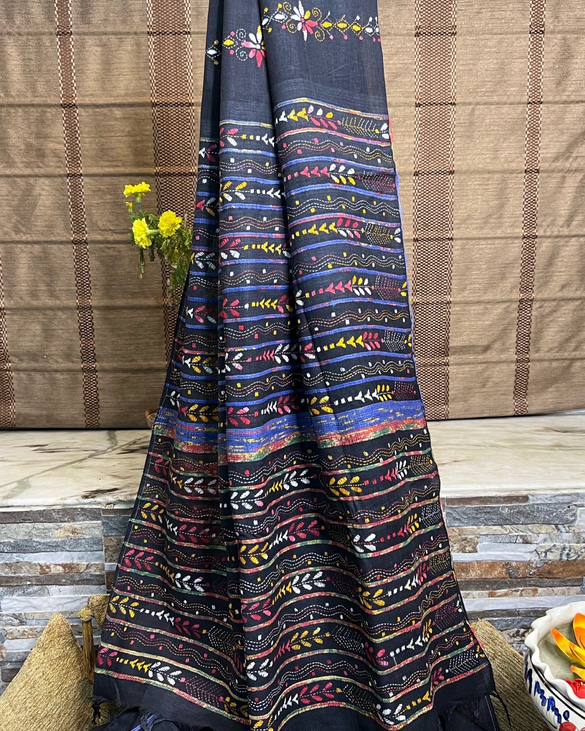Black Khesh Cotton Kantha stitch embroidered saree in multicoloured threads 