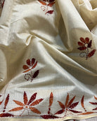 White Chanderi Cotton Kantha stitch embroidered saree in brown threads and golden border