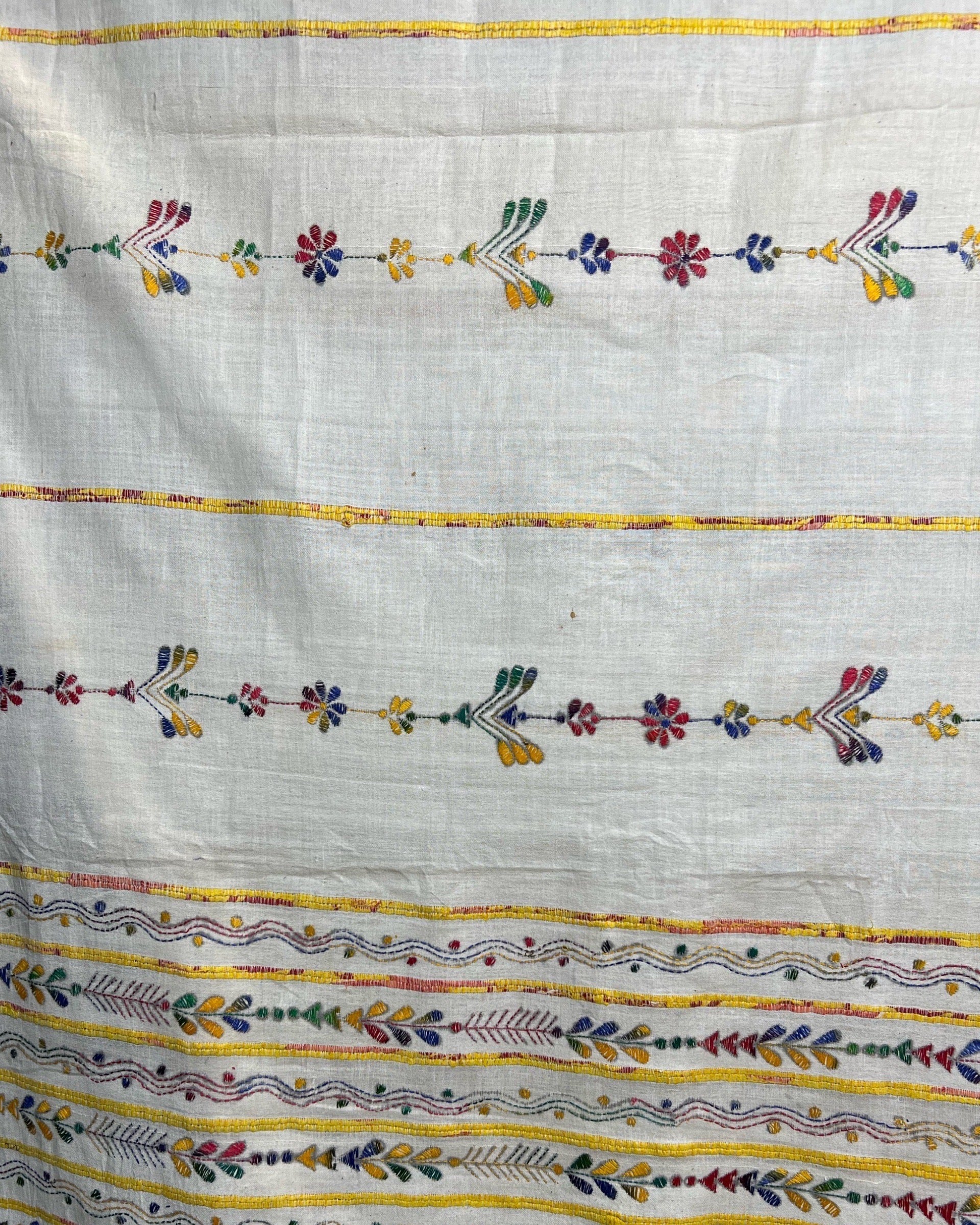 White Khesh Cotton Kantha stitch embroidered saree in multicoloured threads 