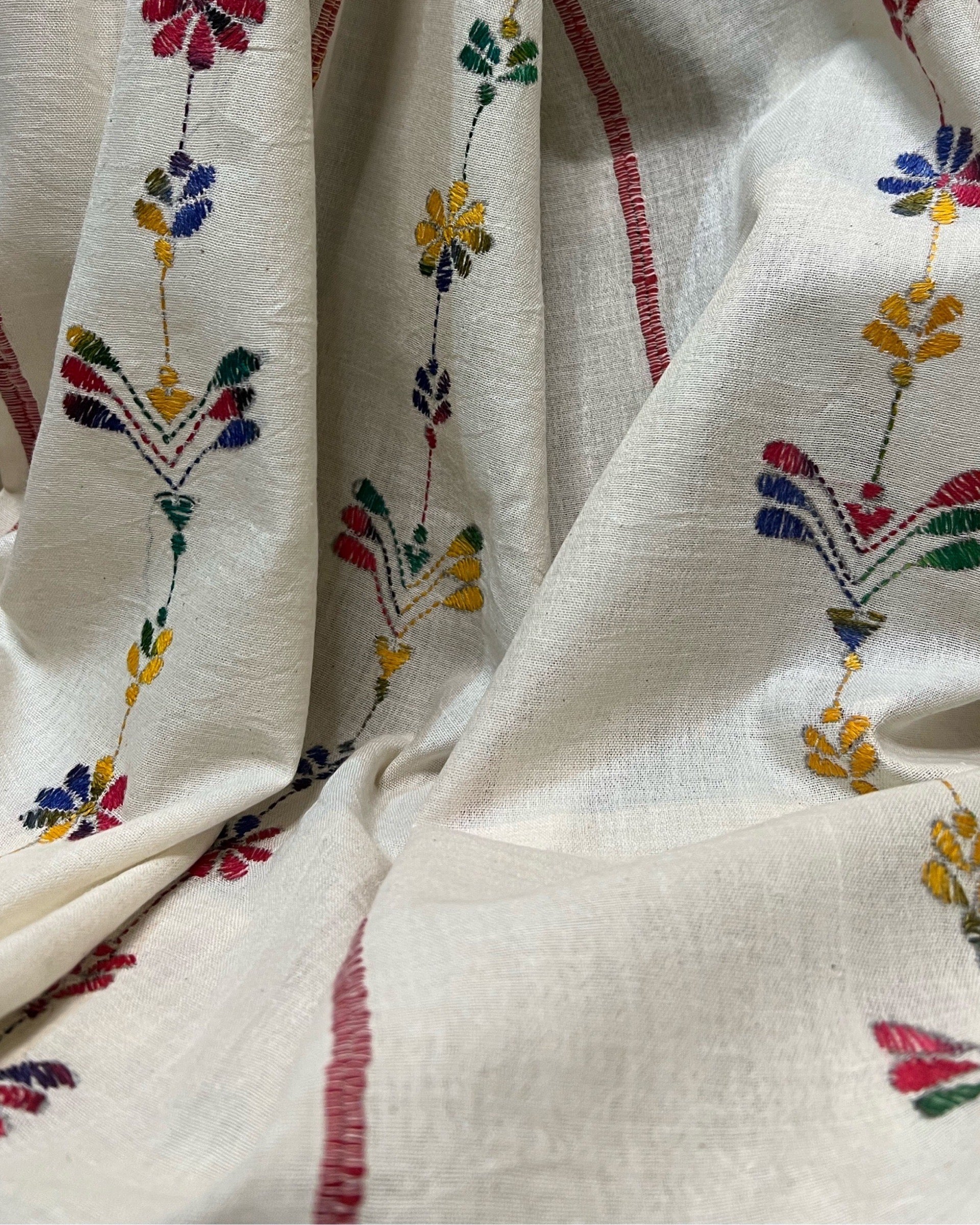 White Khesh Cotton Kantha stitch embroidered saree in multicoloured threads 