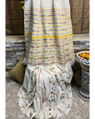White Khesh Cotton Kantha stitch embroidered saree in multicoloured threads 