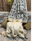 White Chanderi Cotton Kantha stitch embroidered saree in blue threads and golden border