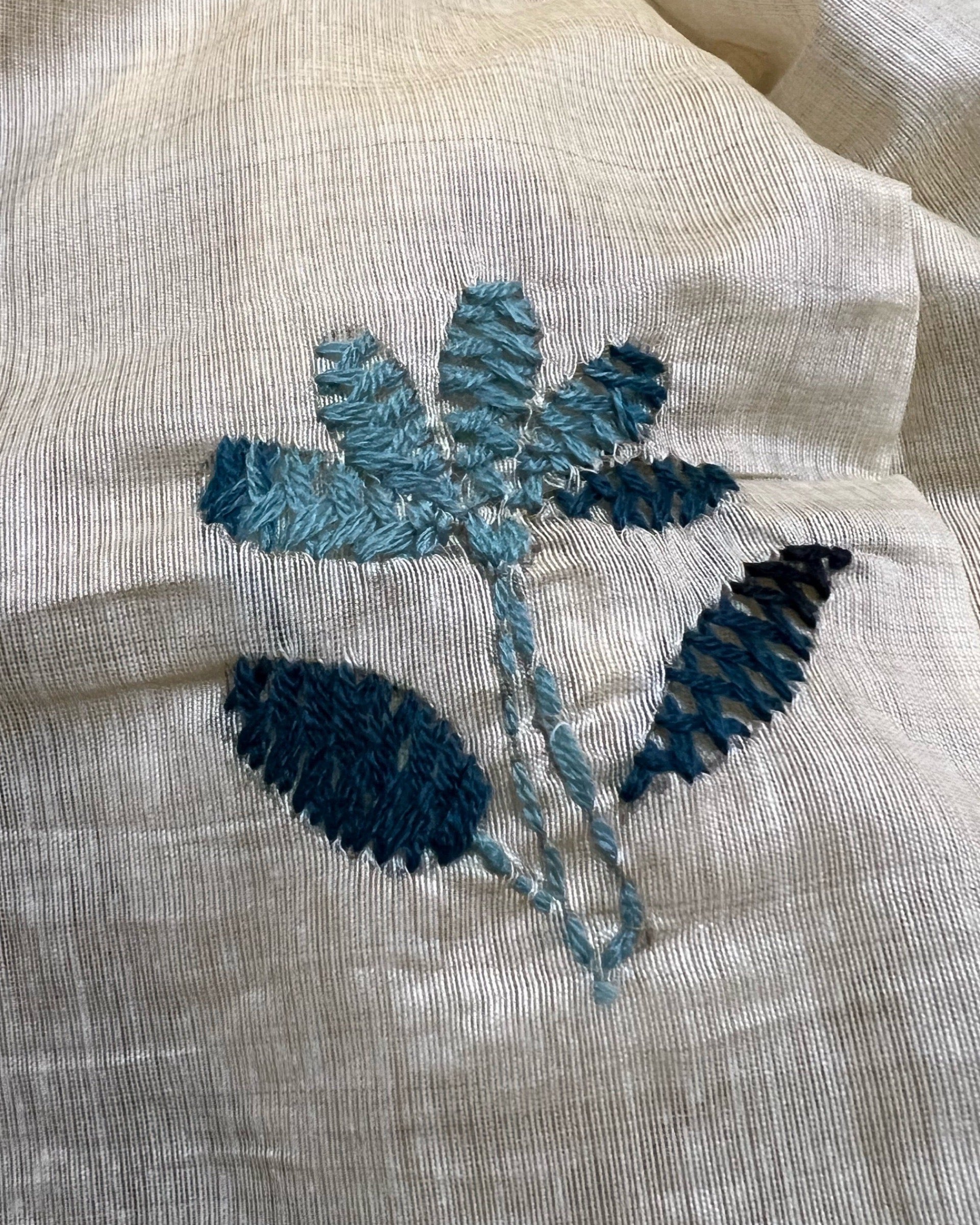 White Chanderi Cotton Kantha stitch embroidered saree in blue threads and golden border