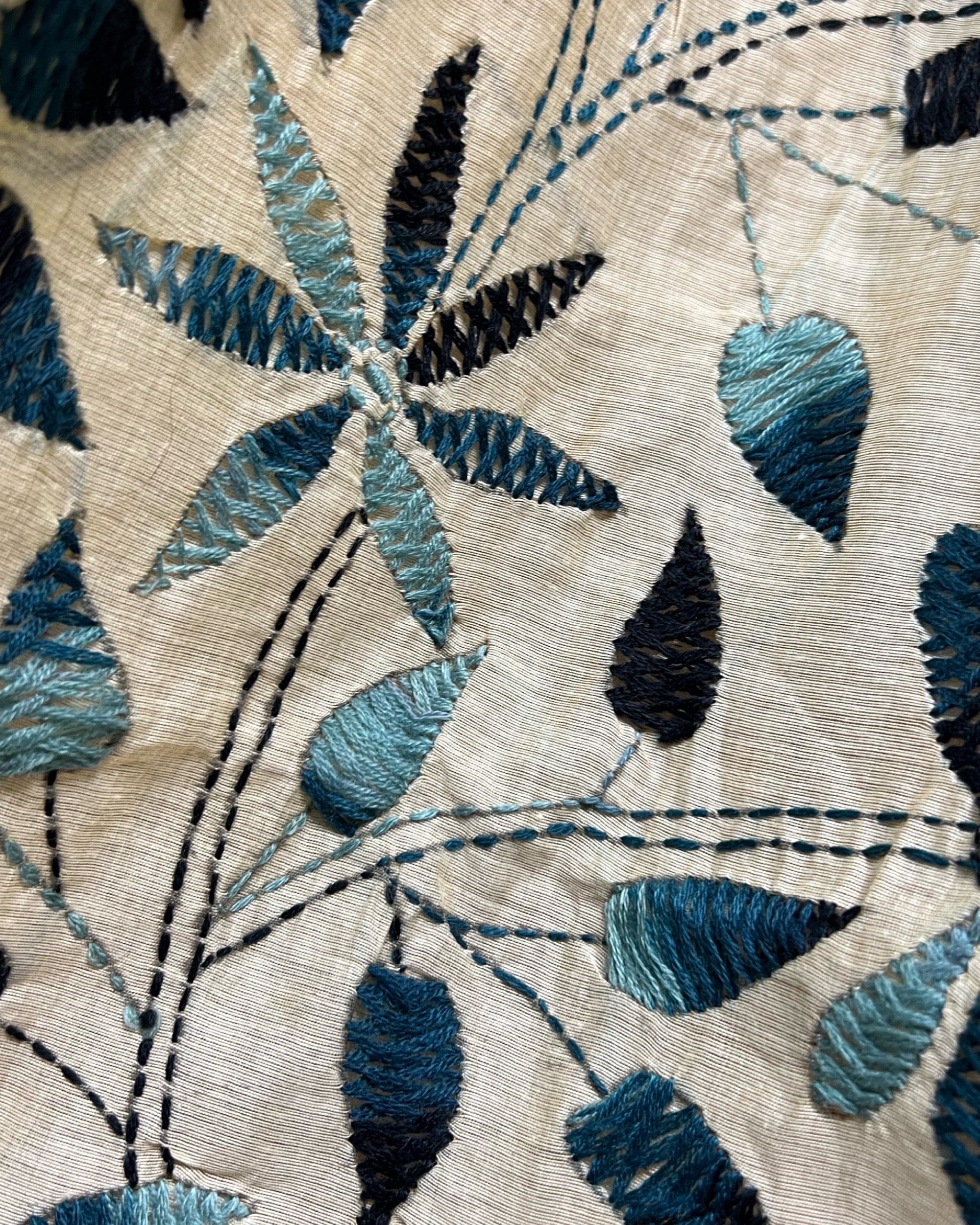 White Chanderi Cotton Kantha stitch embroidered saree in blue threads and golden border
