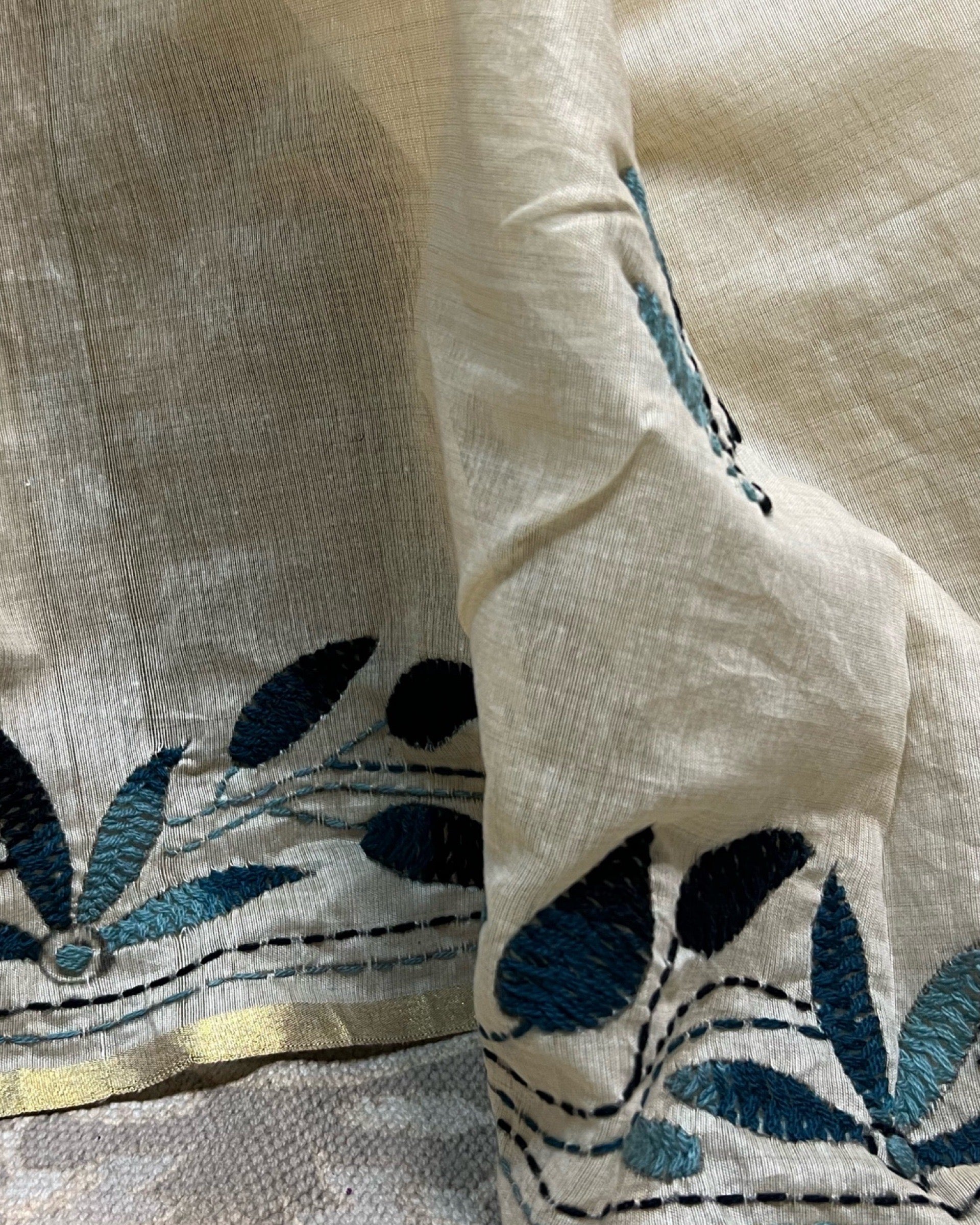 White Chanderi Cotton Kantha stitch embroidered saree in blue threads and golden border