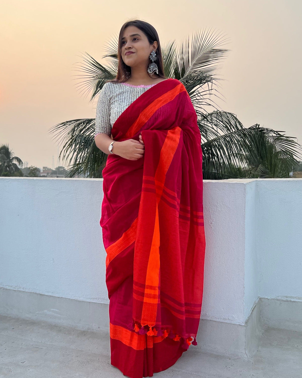 Red - orange soft and comfortable Khadi cotton saree by ShopAaMe
