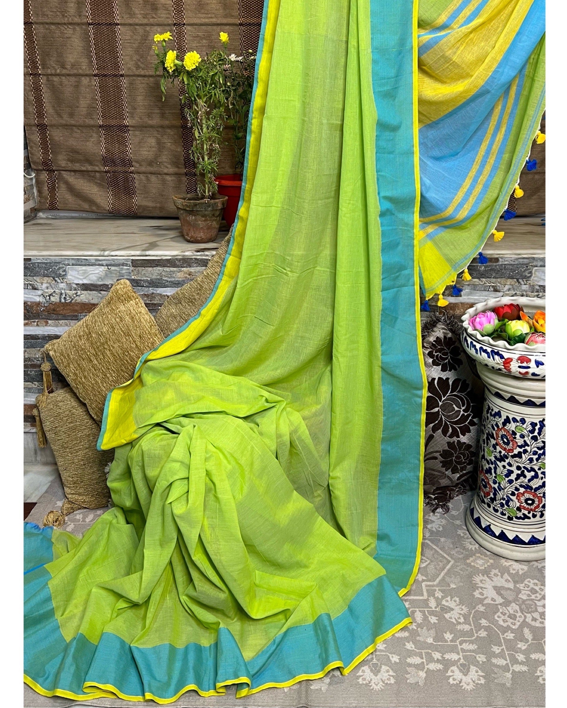 Green - yellow - blue soft and comfortable Khadi cotton saree 