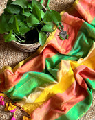 Multicolored striped soft and comfortable mulmul cotton saree for summer with golden zari detailing and paries