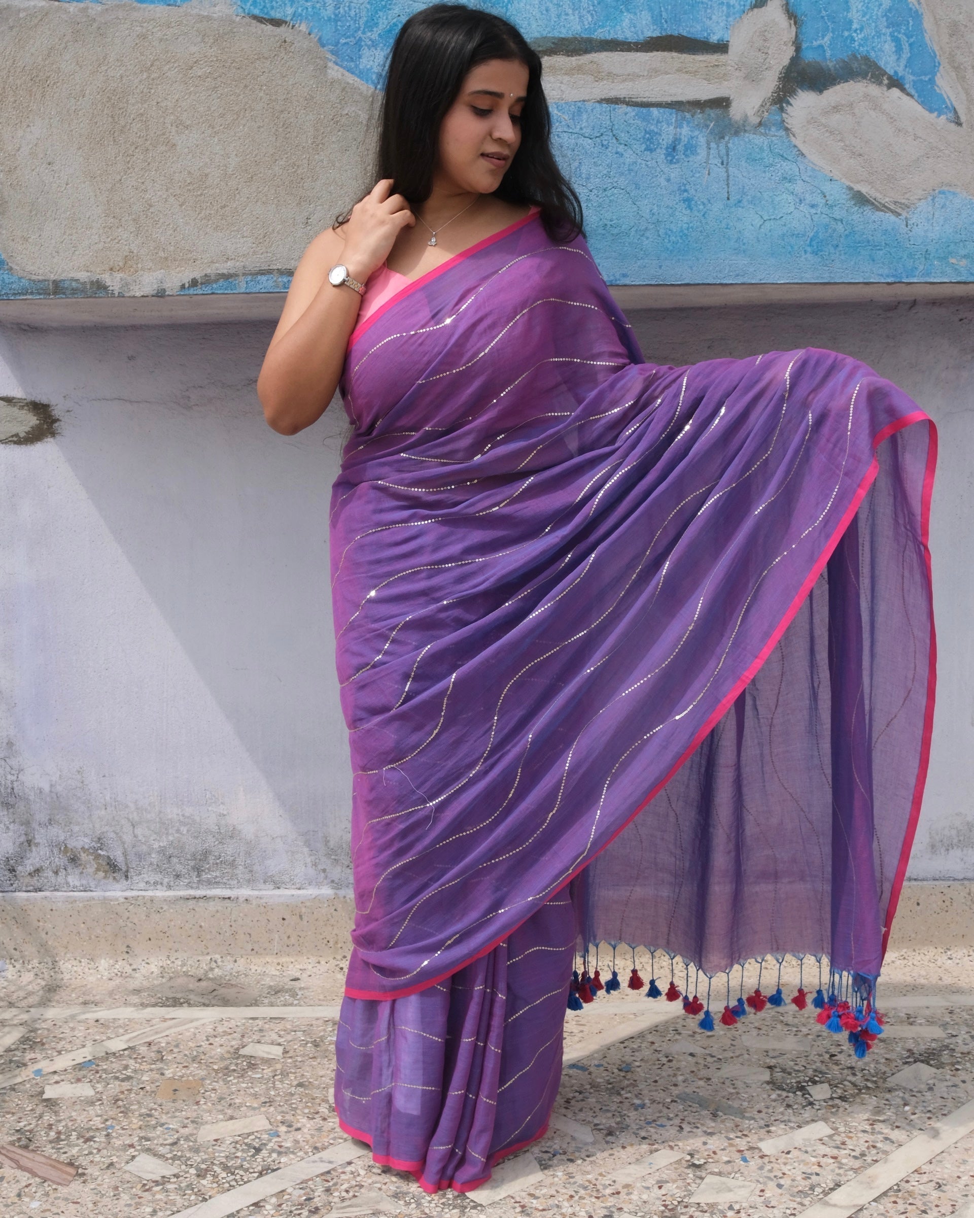 Soft and Comfortable mulmul cotton saree in dual tone purple violet and pink shade with sequin emblishment for festive or party wear at reasonable price