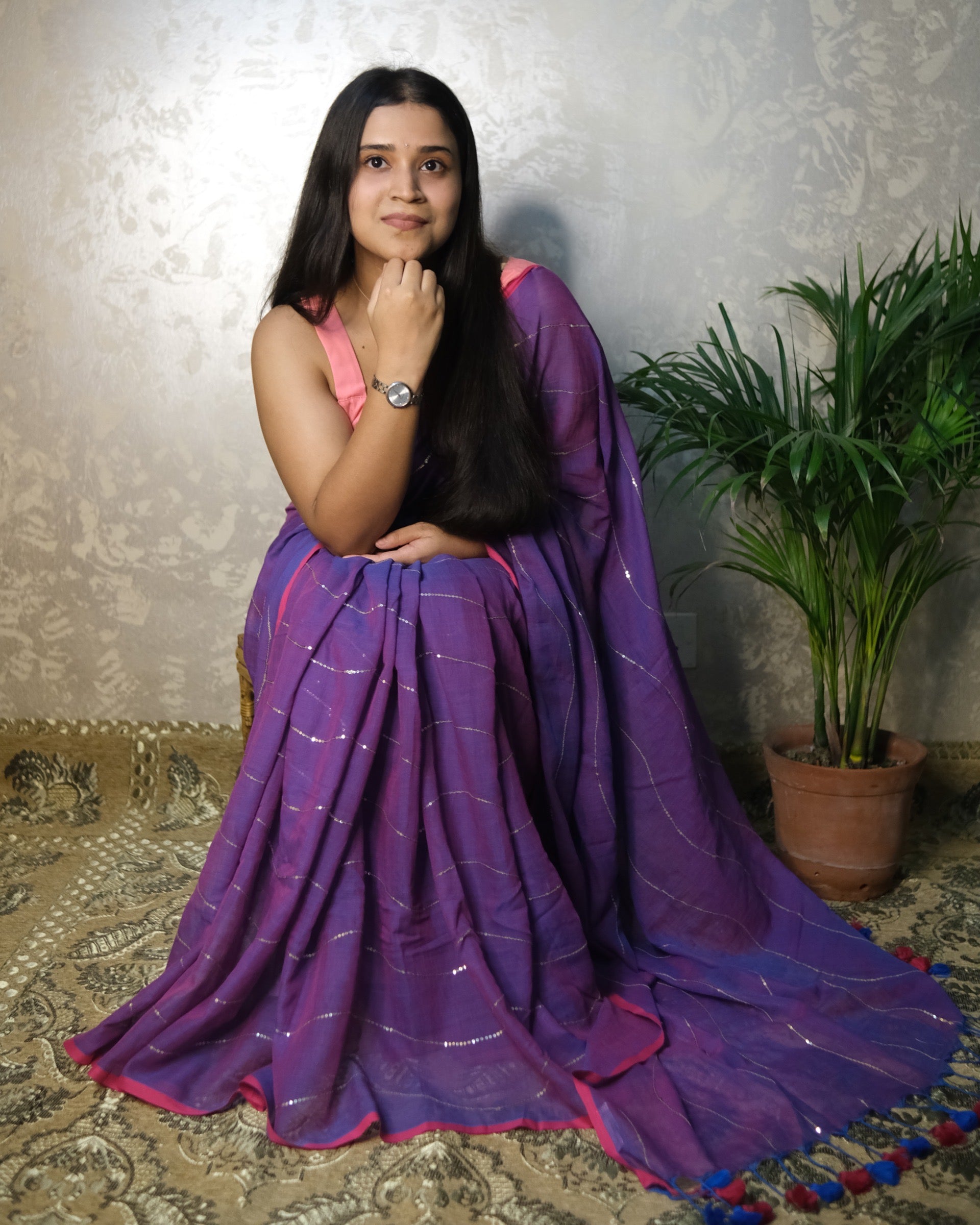 Soft and Comfortable mulmul cotton saree in dual tone purple violet and pink shade with sequin emblishment for festive or party wear at reasonable price