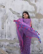 Soft and Comfortable mulmul cotton saree in dual tone purple violet and pink shade with sequin emblishment for festive or party wear at reasonable price